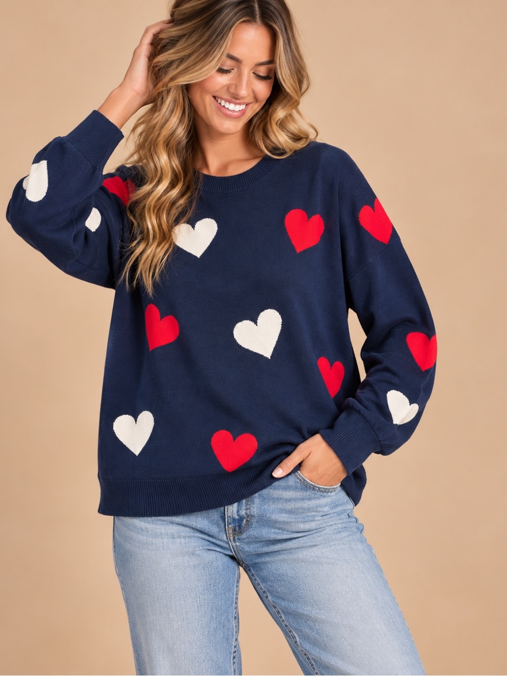 Time and Tru Navy Red White Heart Print Sweater XXL 20